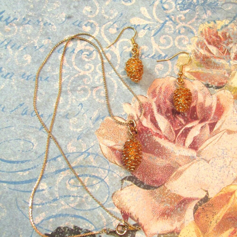 Gold Dipped Mini REAL Vintage Pinecone Charm Necklace and Earrings Set